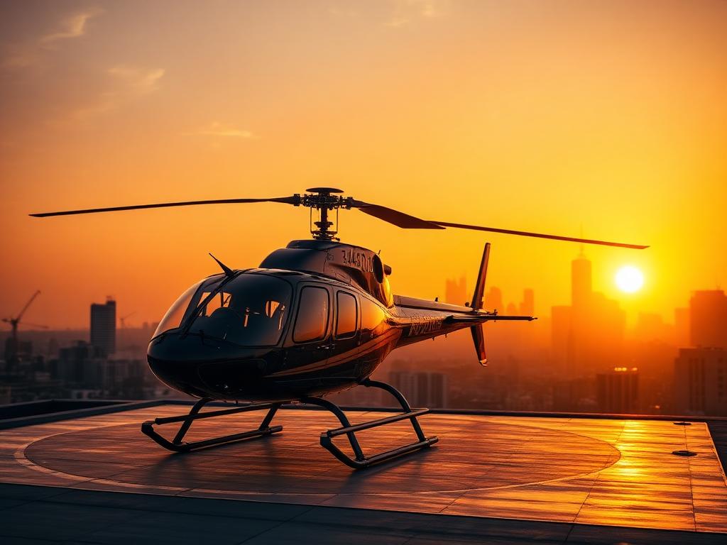 Bell 429 helicopter on a rooftop helipad at sunset