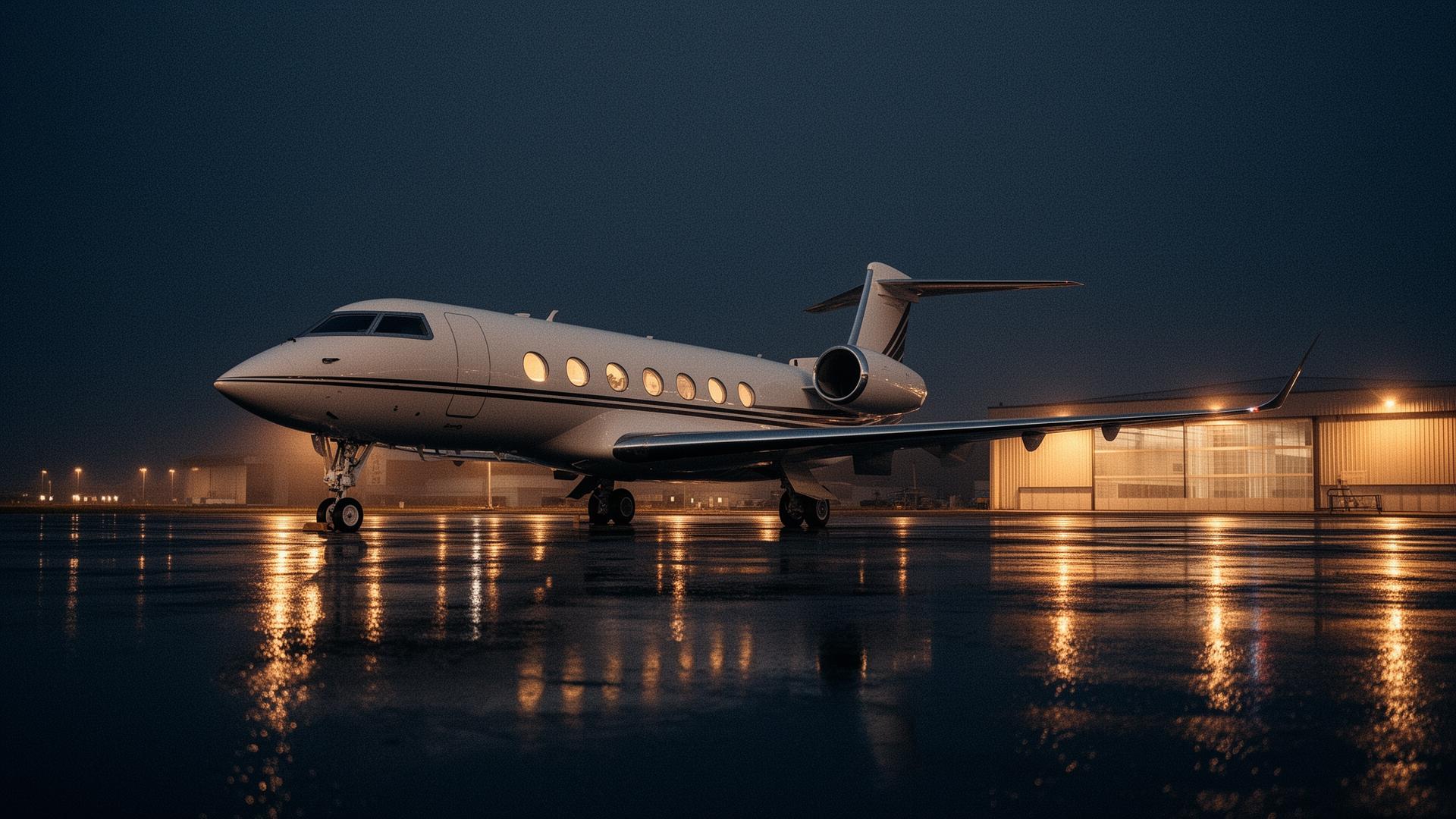 Gulfstream G650 on a wet midnight tarmac with warm hangar lights